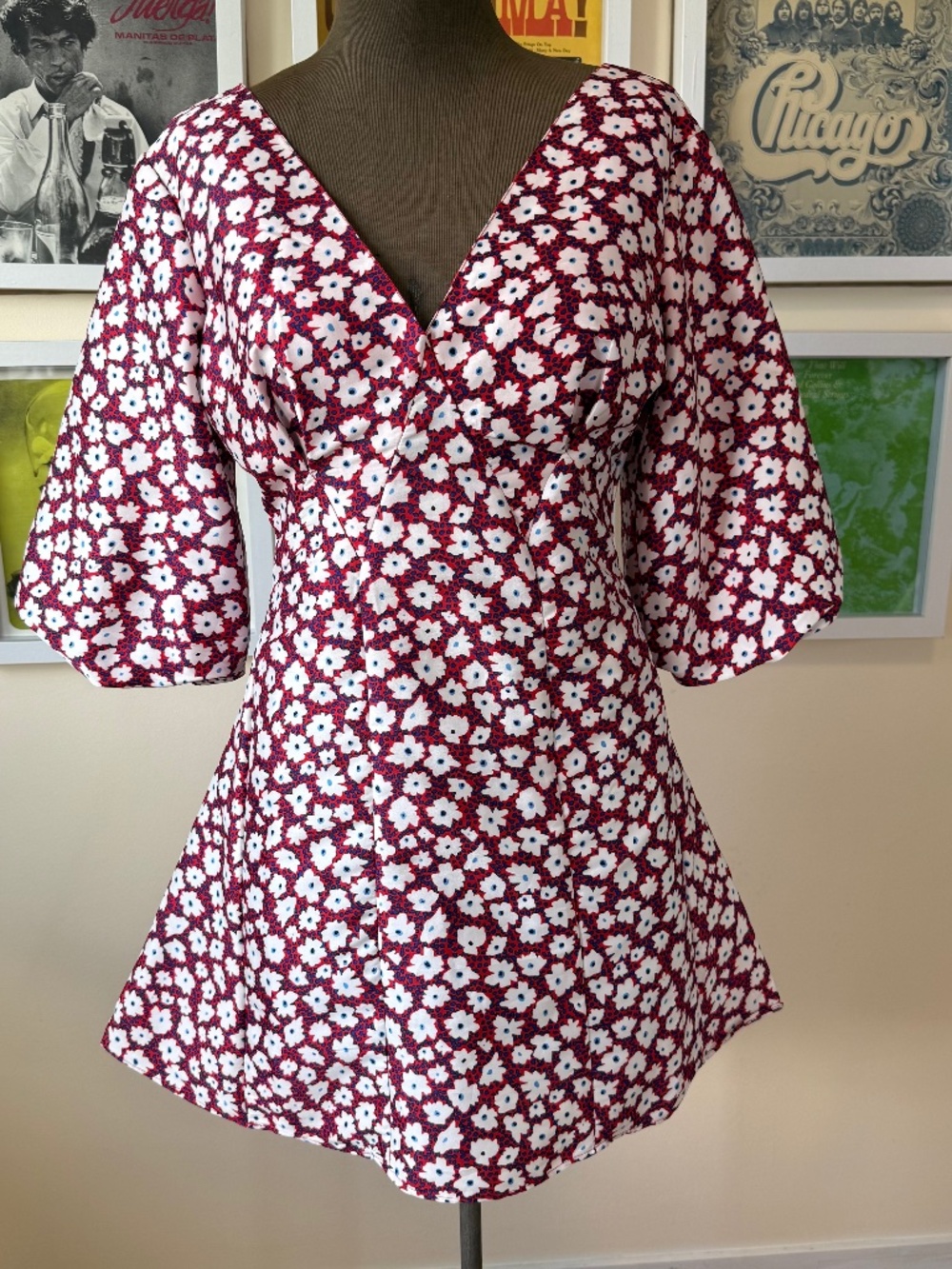 Red & White Floral Open Back Mini Dress Coquette Picnic Summer Babydoll